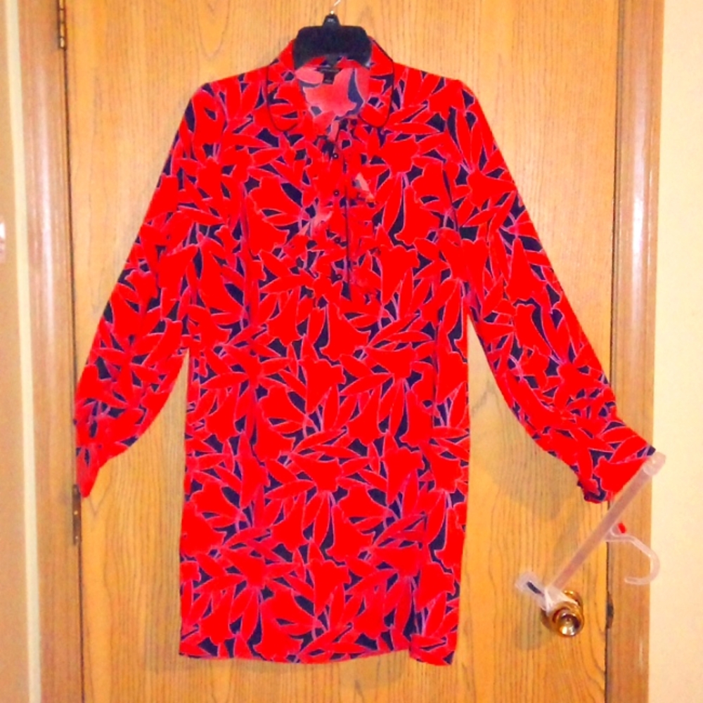 Dark blue/ReD flower pattern W/ button up ruffled collar long sleeve shirt dress - Picture 1 of 6